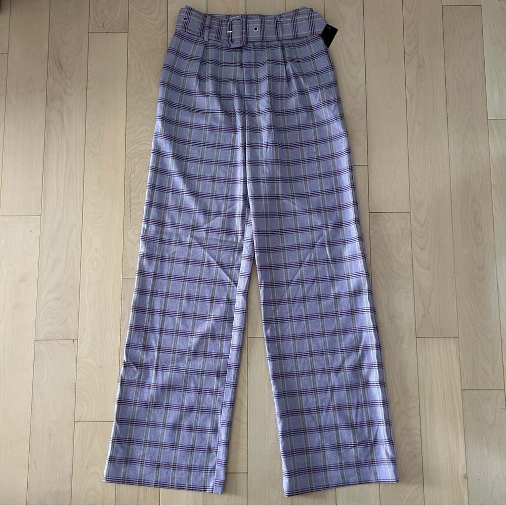 Moodie Purple Plaid High Waisted Trouser Pants with Belt